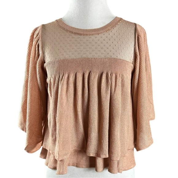 Zara Contrasting Ruffled Bell Sleeve Blush Nude Mesh Swiss Dot Top Blouse Small - Picture 11 of 15